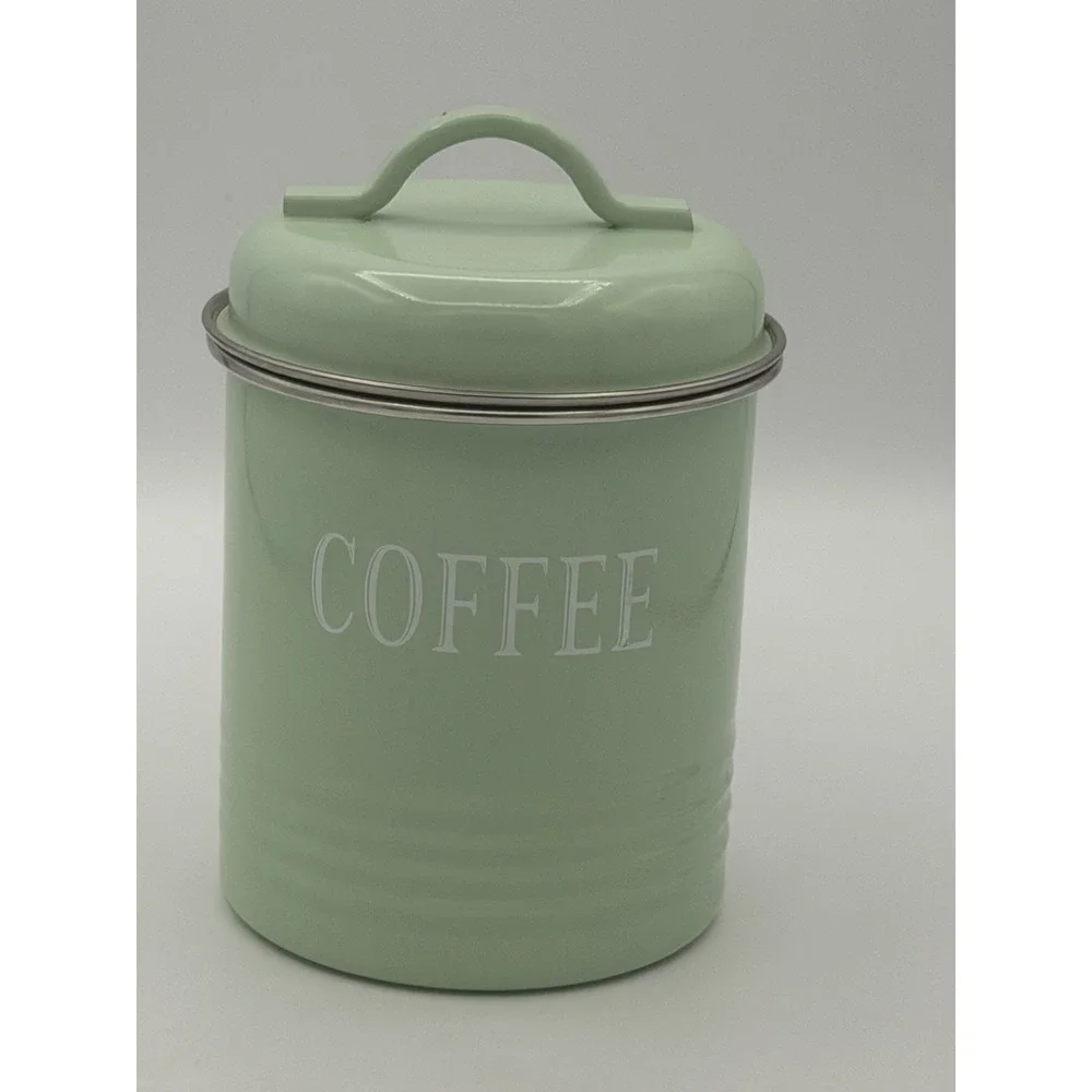 Petite Enamel Metal Kitchen Canister Light Green Farmhouse Rustic Storage Tin